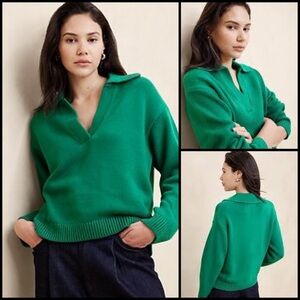 J.Crew Green Merino Wool Alpaca Blend Collared Deep V Green Preppy Sweater S